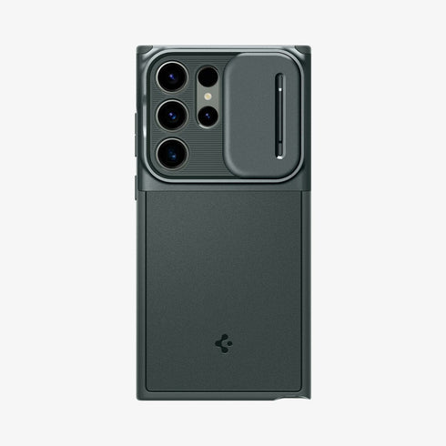 ACS05639 - Galaxy S23 Ultra Case Optik Armor in black showing the back with lens protector slot open